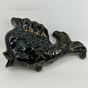 Vintage Majestic Ceramic Black & Gold Fish Wall Pocket Planter Ceramicraft